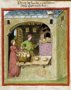 Brood maken: een bakker bakt de broden. Verlichting uit de melk van geneeskunde en diëtetiek “Tacuinum sanitatis” door Unknown artist