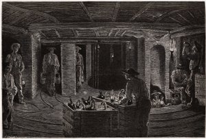 Ontbijt in de mijn, distributie en consumptie van mandmaaltijden aan mijnwerkers in de kolenmijngalerijen van de Creusot. Gravure ter illustratie van een reis naar de Creusot en de mijnen van Saone en Loire, in 1865, door L. Simonin, in 