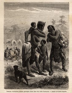 Bosjesmannen die water opslaan in struisvogeleieren, vergezeld door hun kinderen. Gravure ter illustratie van Dr. Livingstone