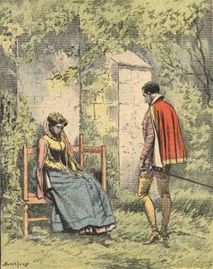 Bussy en Diane, bekend als Madame de Monsoreau, in de tuin gereed van de kerk. Illustratie van de roman 
