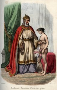 Byzantijnse keizer Andronikos I Komnenos (of Andronicus I Comnenus) (ca. 1118-1185) (Andronic I Comnene) en zijn vrouw Agnes van Frankrijk (1171-1240) die gedwongen wordt naakt te verschijnen voor zijn orgie. Gravure uit 1842 in "Histoire des popes" door M