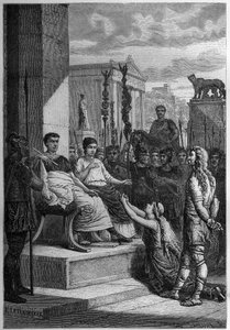 Gevangenschap van Chamacus - Caratacus (Caratacos, Caratacus) in gevangenschap met zijn familie spreekt de Romeinse keizer Claudius (Claude I) (10 v.Chr.-54 n.Chr.) toe - Gravure in 