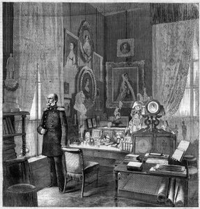 Kabinet van Koning Willem I (1797-1888), Koning van Pruisen en Keizer van Duitsland in het Koninklijk Paleis van Berlijn. Gravure in 