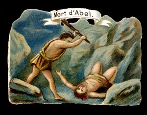 Kaïn doodt zijn jongere broer Abel uit jaloezie (Kinderen van Adam en Eva). Chromolithografie van de 19e eeuw door Unknown artist