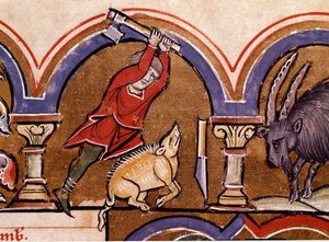 Kalender: November. De varkens worden geslacht. Detail van een miniatuur uit 