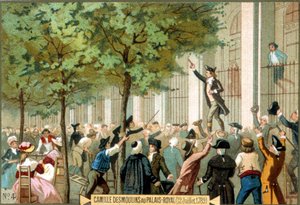 Camille Desmoulins bij het Palais Royal (12/07/1789). Chromolithografie 19e eeuw. - Franse Revolutie/Camille Desmoulins roept op tot een bestorming van de Bastille, Parijs