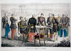 Campagne van Italië 1859: Oorlogsraad van Cassano met de ontmoeting van Vittorio Emanuele II en Keizer Napoleon III. Privécollectie door Unknown artist