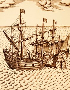 Verovering van het Spaanse galjoen de Cagafuego door de Golden Hind geleid door Francis Drake in maart 1579 (gravure) door Unknown artist