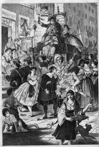 Carnaval in Rome: de wandeling van Dr. Pasquin Romeinse gewoonte. Hij biedt de dames op de balkons zijn elixers aan. Gravure in 