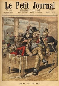 Cartoon over Engeland: Frans en Russisch, bij de ingang van een Engelse banketbakkerij, lachend om Engels, in de Petrin, met zijn Duitse bondgenoot, omdat Engels diplomatieke problemen opstapelt sinds de Venezolaanse affaire, die de diplomatieke breuk mark door Unknown artist