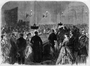 Casino speelkamer in Duitsland in een kuuroord. Gravure naar het schilderij van Hogson. Gravure in 