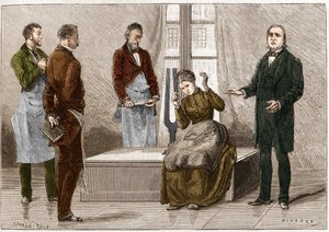 Katalepsie veroorzaakt onder invloed van geluid (stemvork). Franse neuroloog Jean Martin Charcot (1825-1893) (rechts) demonstreert hypnose op een patiënt in het Salpêtrière ziekenhuis. Illustratie uit 