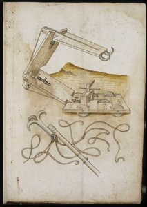 Katapult- en haaksysteem - Manuscript: perkamentblad van een ingenieurshandboek voor de bouw van civiele, religieuze en militaire gebouwen, anoniem, eind 15e eeuw (figuur in Chinese inkt) door Unknown artist