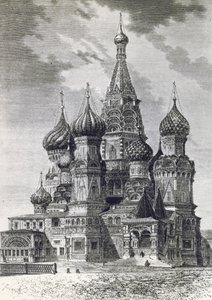 Kathedraal van de Bescherming van de Allerheiligste Theotokos op de Gracht of Sint-Basiliuskathedraal op het Rode Plein in Moskou, Rusland, gravure uit Vrij Rusland