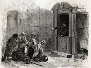 Katholieke gelovigen in gebed, ontvangen gewone boetedoening, zweepslagen toegediend door een priester vanuit de biechtstoel. Gravure ter illustratie van het verhaal van de Heilige Week in Rome, in 1863, door Ludovic Celler, in 