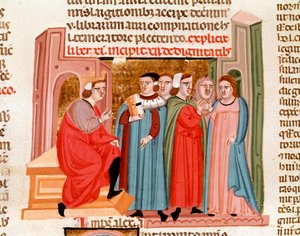 Viering van een huwelijk ten tijde van keizer Justinianus (483-565). Miniatuur uit 