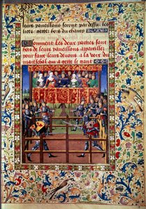 Ceremonies en ordinanties als een belofte van strijd: duel in gesloten veld tussen twee ridders. Miniatuur uit een manuscript van Jean de Rolin (15e eeuw) 1460 Parijs, B.N. door Unknown artist