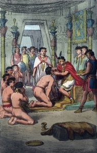 Ceremonie in de Inca-hoofdstad Cuzco: Manco Capac (Ayar Manco) verleent onderscheiding aan de prinsen van het bloed door hun oren te doorboren - gravure uit 