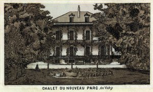 Chalet van het nieuwe park van Vichy (Allier en de Auvergne-regio). Chromolithografie van het einde van de 19e eeuw door Unknown artist