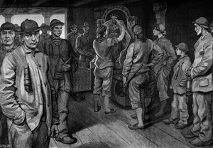 Kolenbranders versieren het standbeeld van Sint-Barbara. Gravure in 