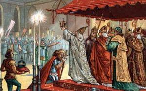 Karel de Grote (742-814) gekroond door paus Leo III (ca. 750-816) in de Sint-Pietersbasiliek in Rome op 25 december 800 - Heiliging (Kroning) van Karel de Grote (742-814) in 800 door paus Leo III