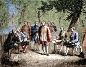Charles de Secondat Montesquieu met de wetenschappelijke cenakel in Kasteel Clairac, Frankrijk - Het wetenschappelijke cenakel van kasteel Clairac: Montesquieu en de baron de Secondat, zijn zoon, de ridder de Vivens, Romas en de broers Dutilh - in 