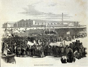 Chartistische Demonstratie in Kennington Common: het is een arbeiderspolitieke beweging voorloper van het socialisme, Gravure uit 1848