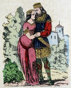 Childerik I, koning van de Salische Franken (436-481) ontmoette Basin van Thüringen (vrouw van de koning van Thüringen) tijdens zijn ballingschap. Clovis werd geboren uit hun huwelijk. door Unknown artist