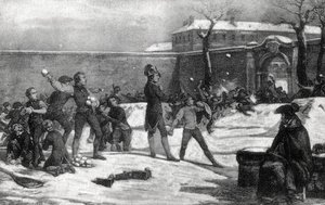 Jeugd van Napoleon I Bonaparte (1769 - 1821) op de militaire school van Brienne le Chateau (Aube) in 1782: Napoleon midden in een sneeuwballengevecht tussen kinderen. door Unknown artist
