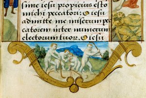 Kinderen die een balspel spelen, voorloper van hockey. Detail van een miniatuur uit het Getijdenboek van de familie van Anjou door Unknown artist