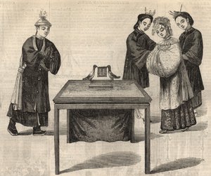 Chinese gewoonte: ondertekening van een huwelijkscontract. Een tablet met de namen van de twee echtgenoten wordt op een tafel geplaatst met twee duiven. Gravure in 