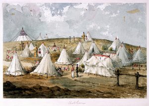 Chobham, kolonel Hodges, tent Grenadier Guards kampement. De tent van de koningin over de heuvel