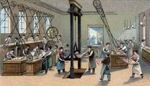 Chocoladeproductie: gieten. Chromolithografie van het einde van de 19e eeuw. door Unknown artist