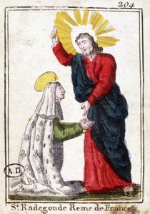 Christus en Sint Radegonde (ca. 520 - 587), Koningin van Frankrijk, vrouw van Clotaire (Clothaire) I. Vrome afbeelding. Gravure uit het begin van de 19e eeuw. Bibliothèque des Arts décoratifs de Paris. door Unknown artist