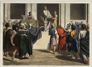 Christus voor Pontius Pilatus: Ziende dat het volk de dood van Jezus wilde en vrezende voor een oproer, nam Pilatus water, waste zijn handen voor de menigte en zei: 