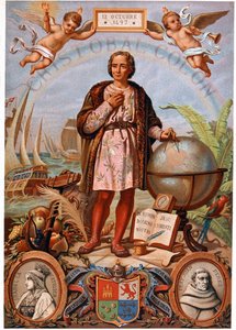 Christoffel Columbus. Links, portret van Isabella de Katholieke, Koningin van Castilië (1451-1504). Spaanse chromolithografie uit de 19e eeuw door Unknown artist