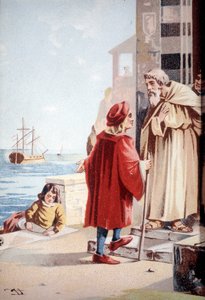 De jeugd van Christoffel Columbus. Chromolithografie uit de 19e eeuw door Unknown artist