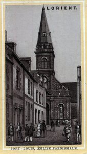 Parochiekerk van Port Louis, Pays de Lorient, Morbihan, Bretagne. Chromolithografie van het einde van de 19e eeuw door Unknown artist
