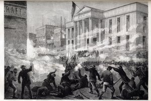 Cincinnati Courthouse rellen van 1884 - een rel begon na een juryvonnis van doodslag na een berucht moordproces, 28 maart 1884