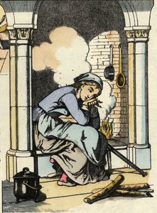 Assepoester droomt van een beter leven bij de keukenhaard. Illustratie van het sprookje van Charles Perrault 