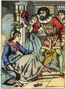 Assepoester past het glazen muiltje gevonden door de prins. Illustratie van Charles Perraults verhaal 