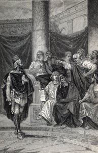 Cineas belangrijke adviseur van koning Pyrrhus probeert te onderhandelen met de Romeinen na de Slag bij Heraclea 280 v.Chr., Gravure 1884 door Unknown artist