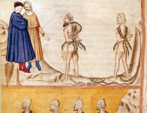 Cirkel van dieven: Vanni Fucci (13e eeuw) voorspelde aan Dante en Virgil de nederlaag van de Witte Guelfen. Verlichte pagina die het 24e lied van de Hel illustreert uit de 