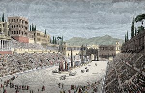 Circus Maximus - Het grote circus of Circus Maximus, in Rome, met een wagenrace - Kleurgravure