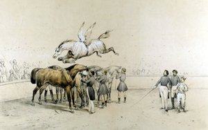 Circusshow: een gevleugeld paard springt over drie geblinddoekte paarden door Unknown artist