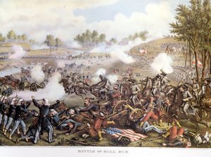 Amerikaanse Burgeroorlog (1861 - 1865), Eerste Slag bij Bull Run of Eerste Slag bij Manassas: Virginia, de Zuidelijken onder bevel van generaal Beauregard versloegen de Noordelijke troepen van generaal Mac Dowell. Gravure.