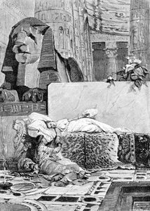 Cleopatra (69 v.Chr. - 30 v.Chr.) en Antonius of Marcus Antonius (83 v.Chr. - 30 v.Chr.) na de nederlaag tegen het Romeinse Rijk. Gravure uit de 19e eeuw.