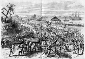 Cochinchina: jaarlijkse drakenprocessie georganiseerd door de congregatie van Saigon in 1865. door Unknown artist