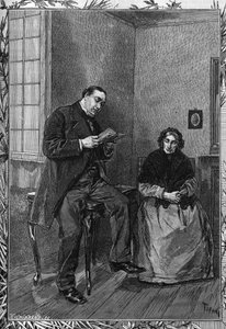 Komiek Moessard leest voor aan zijn vrouw. Gravure in het illustere tijdschrift 