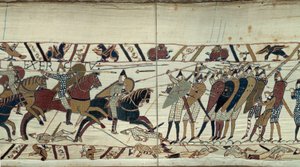 Verovering van Engeland door Willem de Veroveraar in 1066, gevechtsscène tussen de Normandische cavalerie en de Saksische infanterie van koning Harold II van Engeland (detail van het Tapijt van Bayeux)